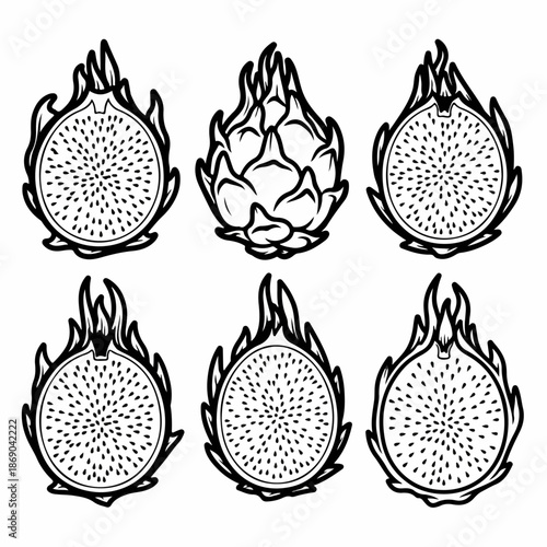 Black and White Dragon Fruit Vector Set: Six Exotic Pitaya Illustrations, Whole Fruit and Halves Showing Pulp and Seeds, Tropical Superfood Outline Collection.