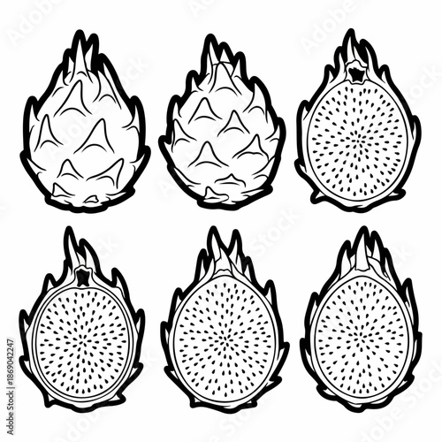 Black and white line art vector illustration set of whole and halved Pitaya or Dragon Fruit, showing the exotic tropical fruit and seeds.