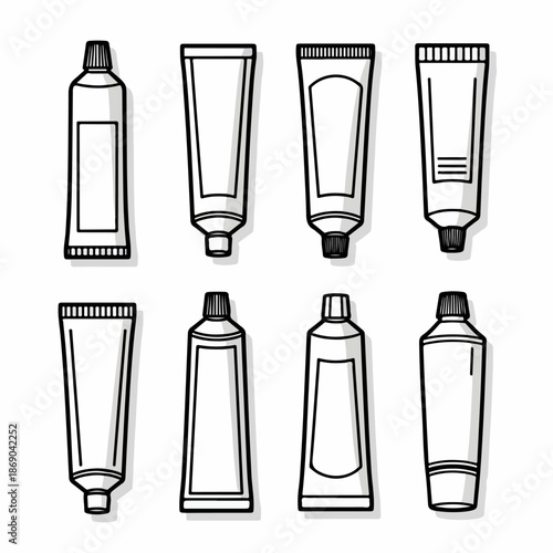 Black and white doodle style set of blank cosmetic, ointment, and cream packaging tubes, featuring various shapes and cap designs on a white background.