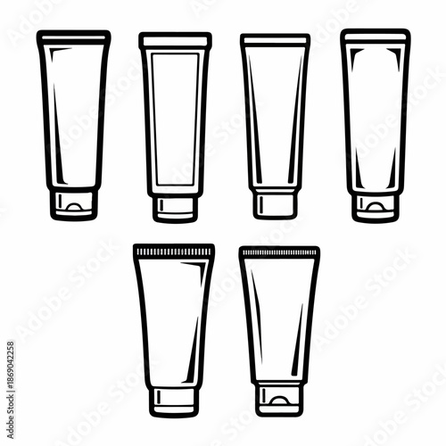 Outline vector set of blank cosmetic plastic tubes for cream, lotion, or body care product packaging mockup design isolated on white background.