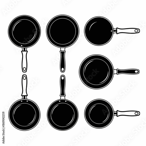 Black and white illustration of various frying pans and skillets arranged randomly, a collection of essential cooking utensils and kitchenware icons.