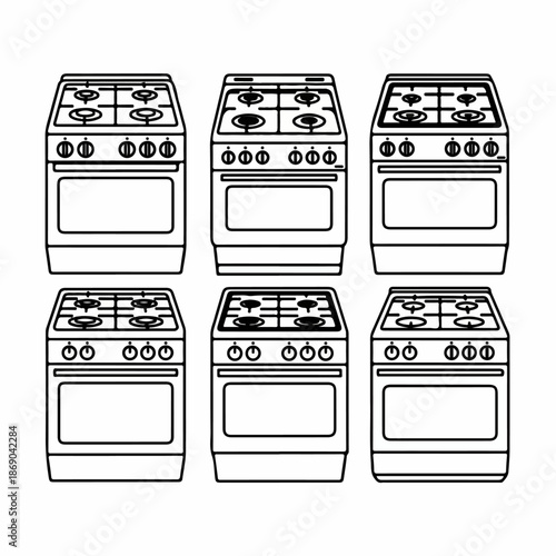 Repeating pattern of gas stove and oven icons, black line drawings for kitchen appliances, cooking equipment pictogram set.