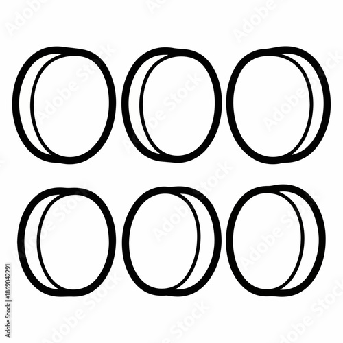 Black and white line art illustration showing six stylized circles with partial internal shading, resembling various stages of a lunar eclipse or moon phases.