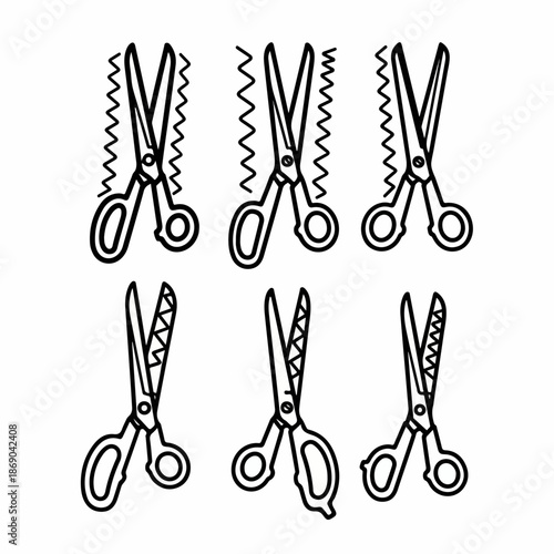 Black and white doodle set of pinking shears and craft scissors icons with zigzag cut marks, representing tailoring, sewing, and DIY creativity.