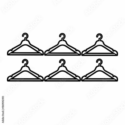 Six Clothing Hangers Icon Outline Set. Black and white vector illustration of clothes organizers for fashion, laundry, and wardrobe graphics.