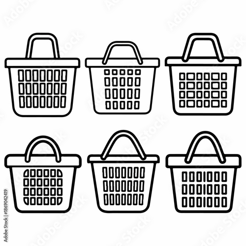 Set of six black outline shopping basket icons with different vent patterns, isolated on a white background.