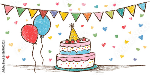 Rysunkowa ilustracja tortu urodzinowego z balonami i girlandą na przezroczystym tle.