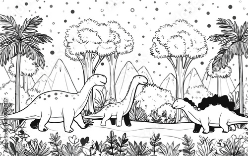 Ilustracja konturowa z dinozaurami i bujną roślinnością prehistorycznego krajobrazu, idealna do kolorowania.