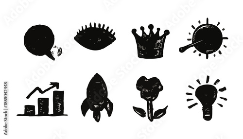Zestaw ręcznie rysowanych czarnych ikon symbolizujących sukces, pomysł, wzrost i królewskość na przezroczystym tle.