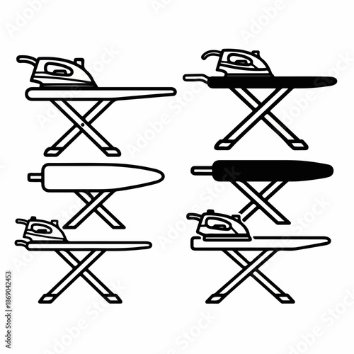 Outline and Silhouette Icons of Ironing Board and Steam Iron for Laundry, Household Chores, and Garment Care Symbolism.
