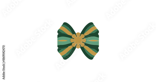 Zielono-złota kokarda z kwiatowym środkiem na przezroczystym tle, elegancka dekoracja graficzna.