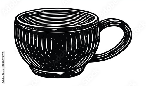 Black and White Woodcut Coffee Cup with Handle, Retro Beverage Mug