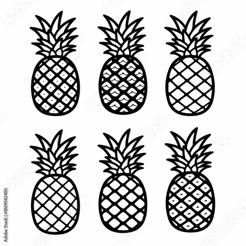 Black and white pineapple outline collection. Six graphic tropical fruit icons or doodles isolated on a white background for design and decoration.