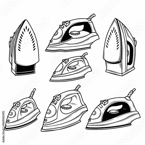Black and white vector illustration set of modern electric steam irons, featuring different angles and positions, symbolizing laundry, household chores, and garment care.