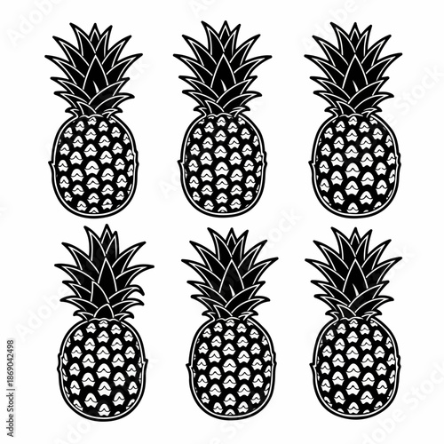 Six black and white stylized pineapple illustrations forming a repetitive tropical fruit pattern on a pure white background.