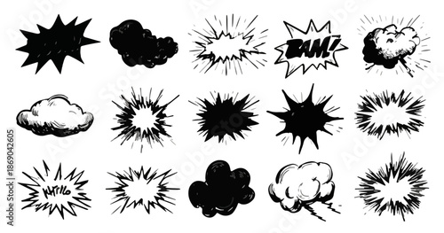 Zestaw ręcznie rysowanych, czarnych ikon eksplozji i dymu, idealny do efektów komiksowych i przezroczystych.