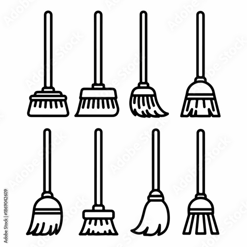 Outline Icons Set of Various Brooms and Mops for Cleaning, Sweeping, and Housework Maintenance