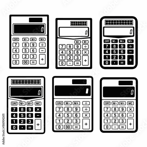 Set of six vector calculator icons in black and white, representing finance, math, and calculation tools for business and education.