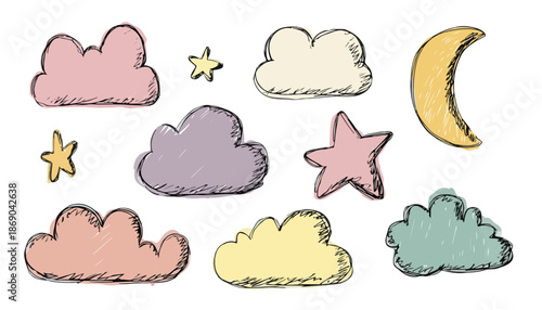 Uroczy zestaw ręcznie rysowanych chmur, gwiazd i księżyca na przezroczystym tle, idealny do dekoracji.