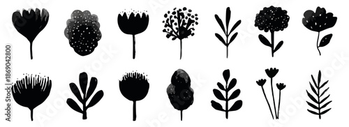 Zestaw czarnych, stylizowanych ikon roślin i kwiatów z przezroczystym tłem, idealny do projektowania graficznego.