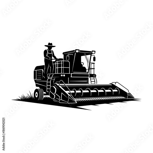 Modern Agricultural Combine Harvester Working Agricultural Field Silhouette.