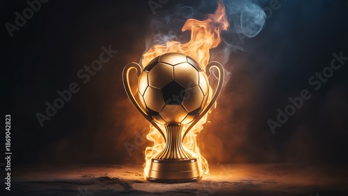 A golden soccer trophy engulfed in bright orange and yellow flames symbolizing victory