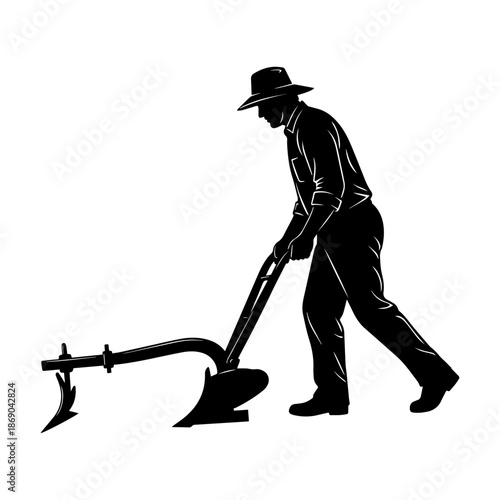 Farmer Plowing Field with Traditional Manual Agricultural Tool Silhouette.