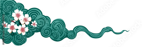 Ozdobny chiński wzór z kwitnącą wiśnią na tle turkusowych, stylizowanych chmur na przezroczystym tle.