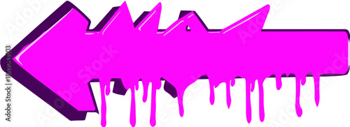 Neonowy, różowy, graffiti strzałka w lewo z efektem spływającej farby na przezroczystym tle.