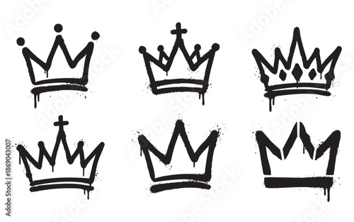 graffiti spray paint king crown symbols featuring various royal shapes with grunge drips and splatter texture
