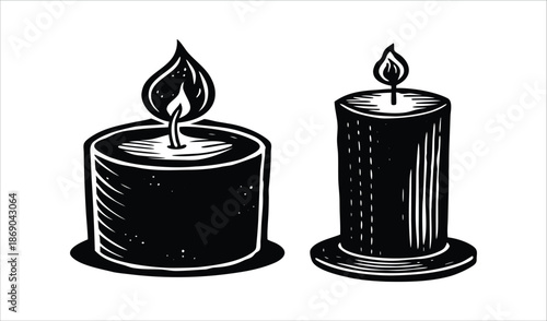 Two lit candles, woodcut illustration, black and white, minimalist design