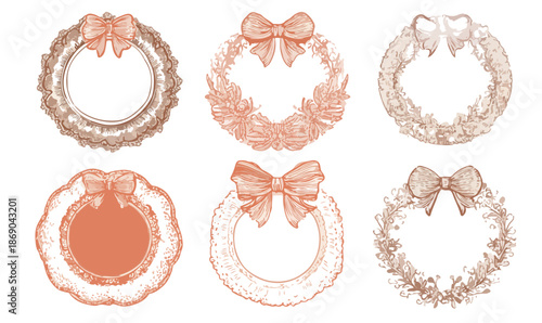 Zestaw sześciu ozdobnych, koronkowej ramy wianków z kokardami, idealne do zaproszeń ślubnych.