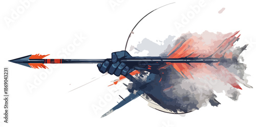 Ręka trzymająca nowoczesną strzałę z dynamicznym, kolorowym pióropuszem na przezroczystym tle.