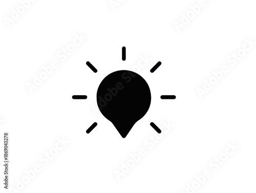 Czarna ikona lokalizacji w kształcie kropli z promieniami symbolizująca pomysł, światło lub słońce na białym tle.