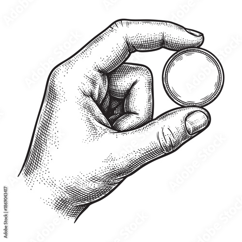hand holding a single coin between thumb and forefinger in detailed vintage engraving style