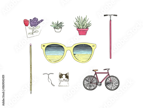Zbiór ręcznie rysowanych letnich przedmiotów i roślin na przezroczystym tle, idealny do wakacyjnych projektów.