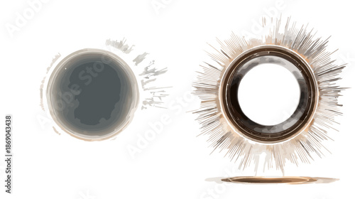 Dwa abstrakcyjne, stylizowane obrazy zaćmienia Słońca lub pierścienia z promieniami na białym tle.