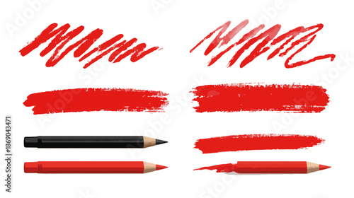 Zestaw ręcznie rysowanych czerwonych pociągnięć pędzlem i ołówkami na przezroczystym tle, izolowane elementy graficzne.