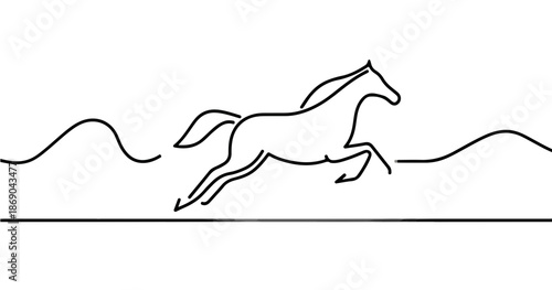 Minimalistyczna, czarno-biała linia graficzna przedstawiająca galopującego konia na przezroczystym tle.