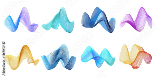 Zestaw ośmiu abstrakcyjnych, falujących wstęg w różnych kolorach na przezroczystym tle, idealny do tła.