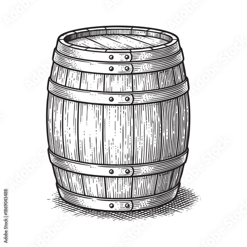 wooden barrel with metal hoops in vintage engraving style