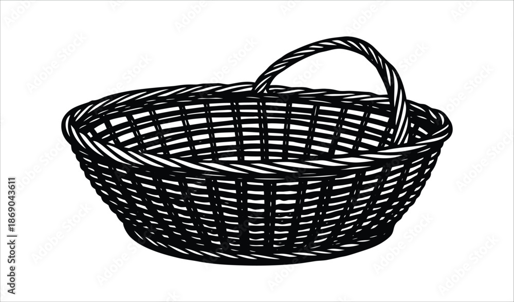 Obraz premium Woven Basket with Handle Isolated on White Background, Vintage Picnic Basket