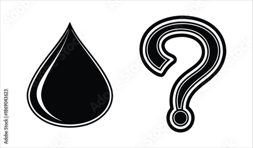 Black and white icons of a water drop and question mark symbol