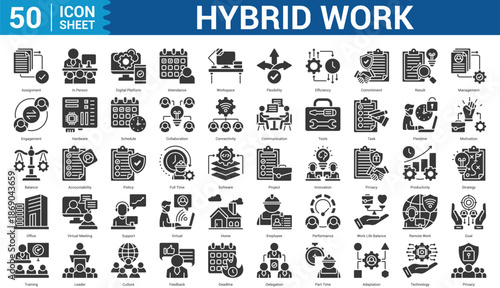 Hybrid Work glyph style Icon Set Collection Concept With Icon Of assignment, in person, digital platform, attendance, workspace, management, and more. Illustration eps