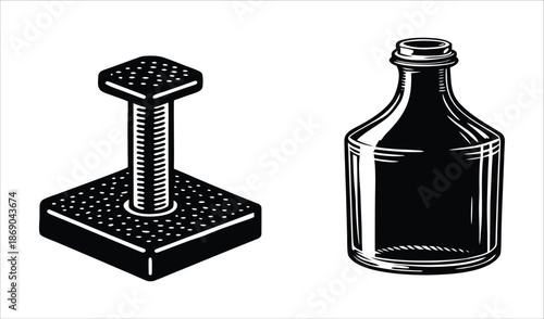 Scratching Post and Bottle Vector Icon Set, Simple Black and White Graphics