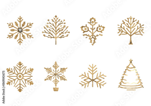 Złote, stylizowane symbole świąteczne i zimowe, takie jak płatki śniegu i drzewka, na przezroczystym tle.