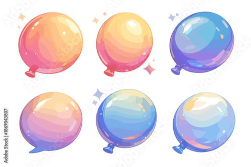 Zestaw sześciu kolorowych, błyszczących balonów z gradientem, idealnych na imprezę, z przezroczystym tłem.