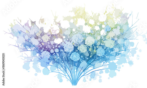 Abstrakcyjny akwarelowy bukiet kwiatów w odcieniach błękitu i żółci na białym tle