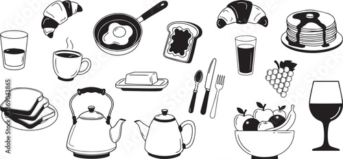 Hand Drawn Breakfast Food Icons Set – Coffee, Eggs, Toast, Fruit and Drinks | Black and White Doodle Breakfast Vector with Croissants, Pancakes and Tea