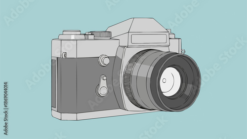 Illustration of a vintage camera with a detailed lens for photography.
